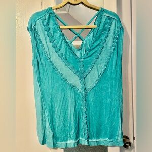 Turquoise Women's Top with Lace Detailing